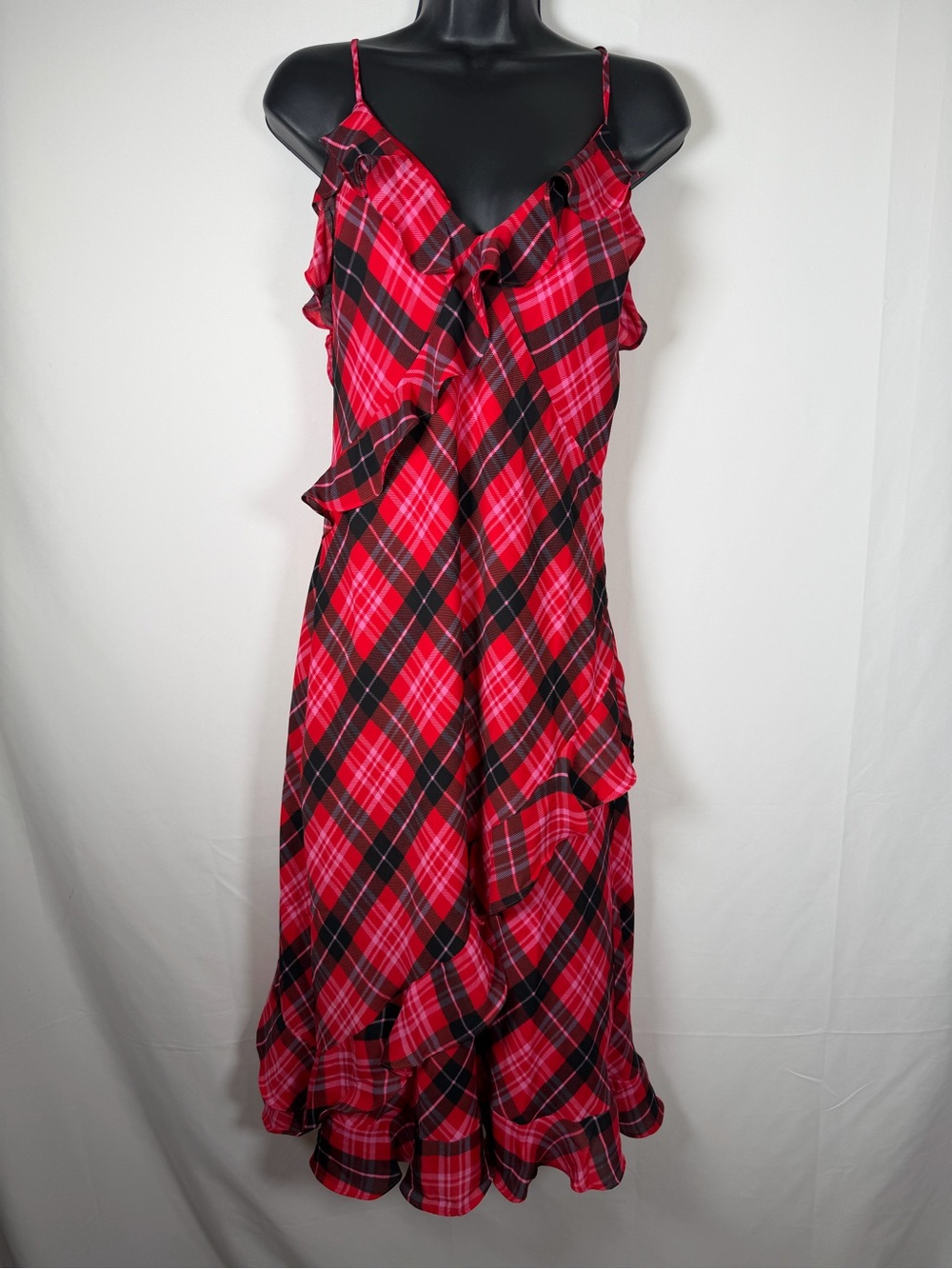 LoveShackFancy x VS Pink Academia Preppy Red Plaid Ruffle Babydoll Midi Dress